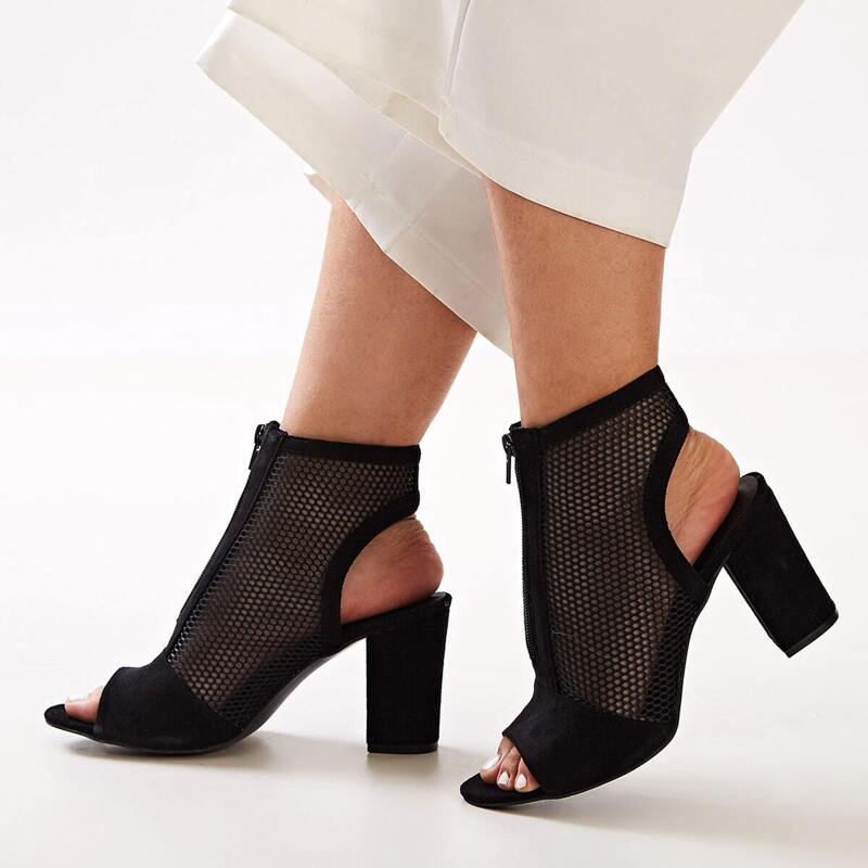 

Open Toe Mesh Panel Slingback Chunky Boots, Black
