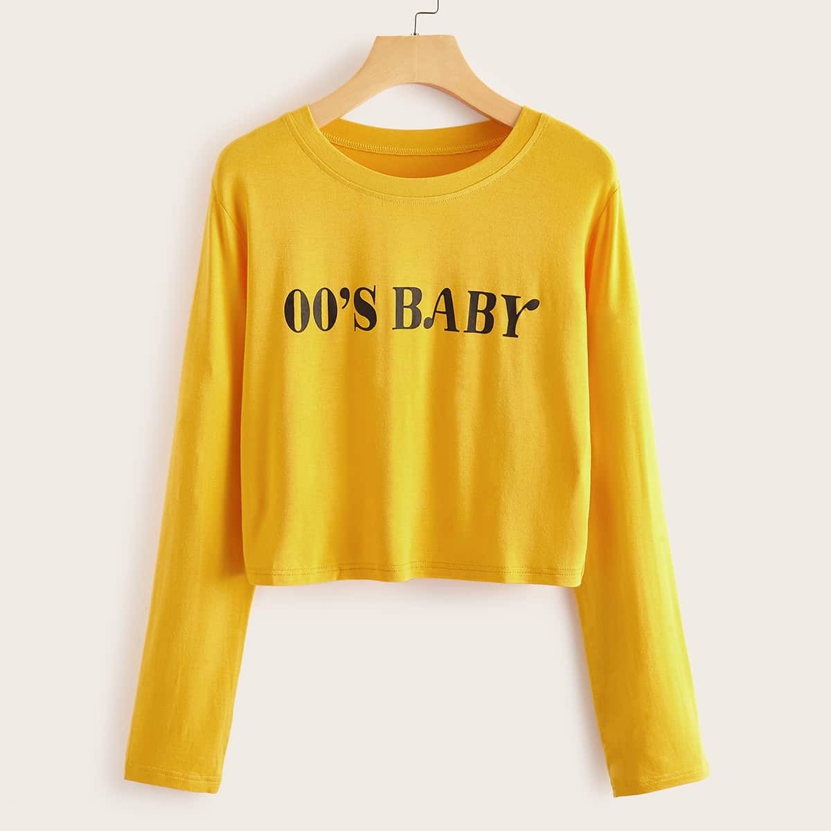 

Letter Print Long Sleeve Crop Tee, Yellow bright
