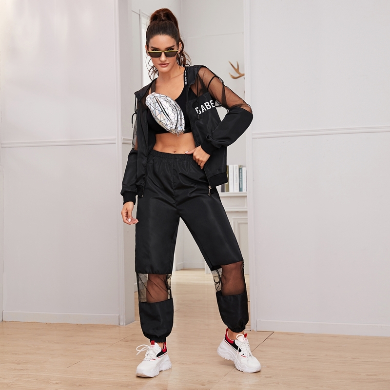 

Letter Print Contrast Mesh Windbreak Jacket With Pants, Black