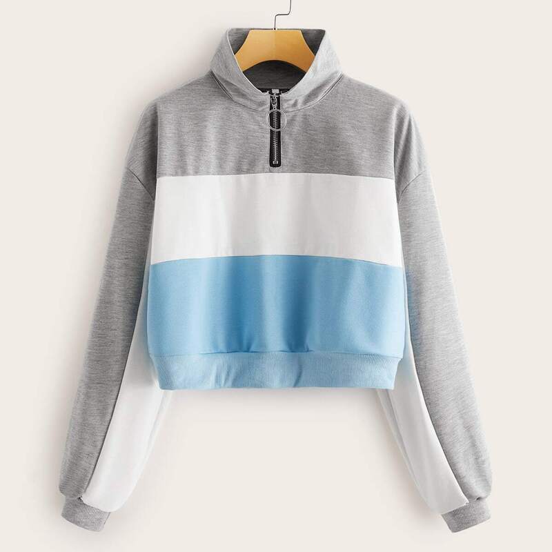 

Cut And Sew Panel O-ring Zip Crop Sweatshirt, Multicolor