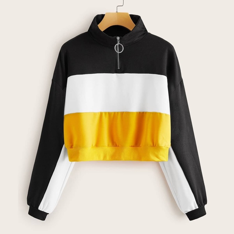 

Cut And Sew Panel O-ring Zip Crop Sweatshirt, Multicolor