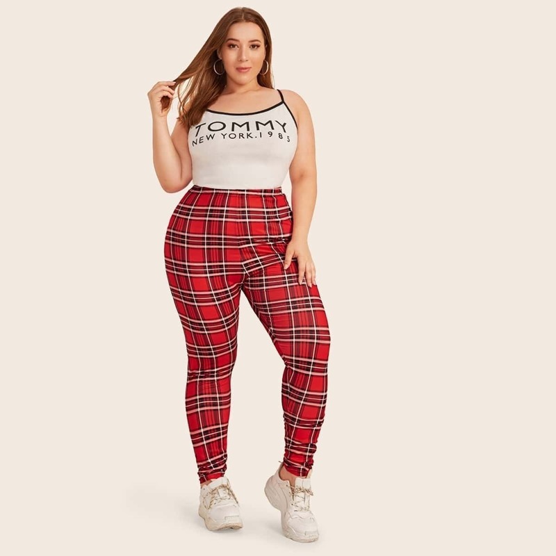 

Plus Plaid Print Skinny Leggings, Red