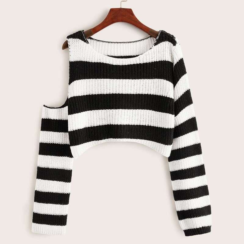 

Striped Open Shoulder Crop Sweater, Black and white