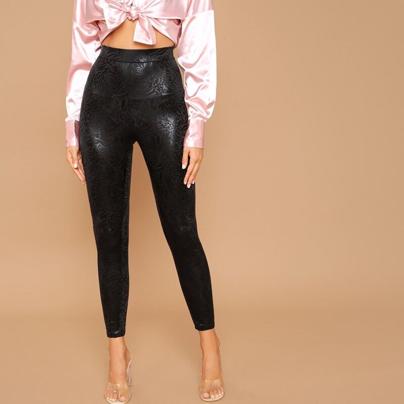 Elastic Waist Hot Stamping Leggings, Black