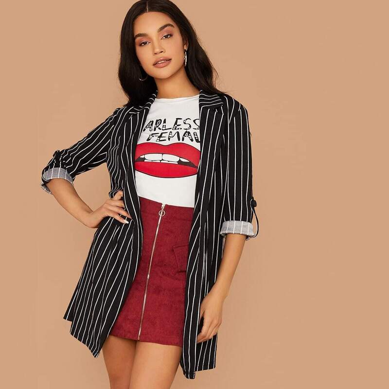 

Notched Collar Roll Tab Sleeve Striped Blazer, Black