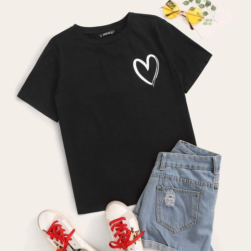 

Heart Print Short Sleeve Tee, Black
