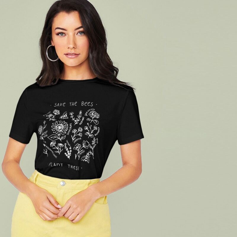 

Slogan and Floral Print Top, Black