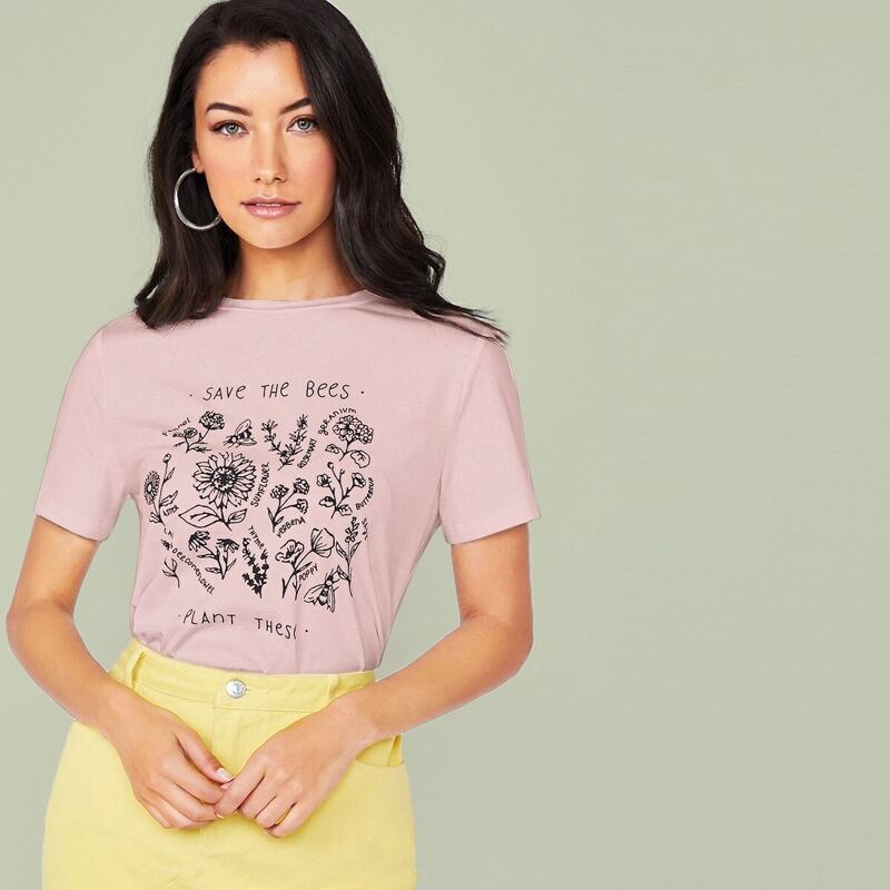 

Slogan & Floral Print Tee, Pink pastel
