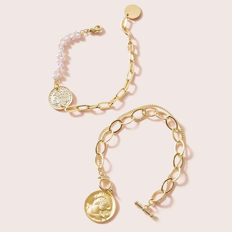 

Coin & Faux Pearl Decor Chain Bracelet 2pcs, Gold