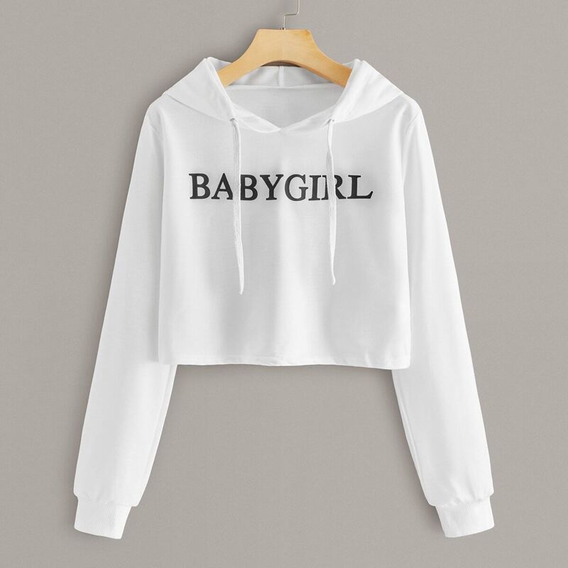 

Letter Graphic Drawstring Crop Hoodie, White
