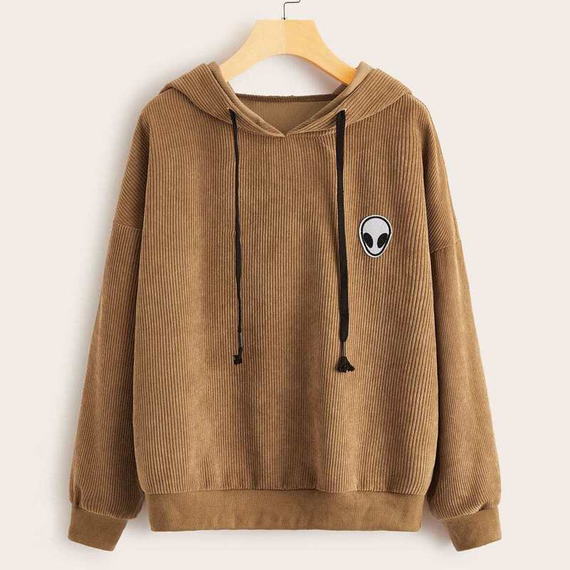 

Alien Patched Drawstring Hooded Corduroy Sweatshirt, Camel
