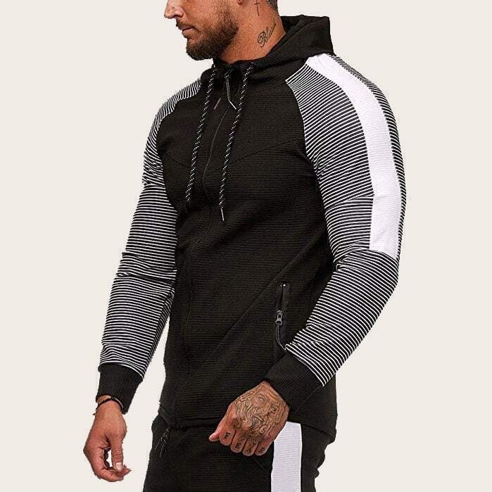 

Guys Contrast Striped Sleeve Drawstring Hooded Jacket, Black