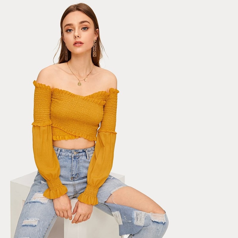 

Crossover Frill Trim Shirred Bardot Top, Yellow