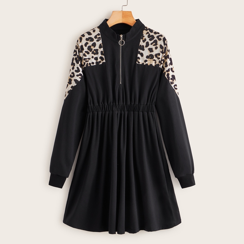 

Half Zip Contrast Leopard Print Sweatshirt Dress, Black