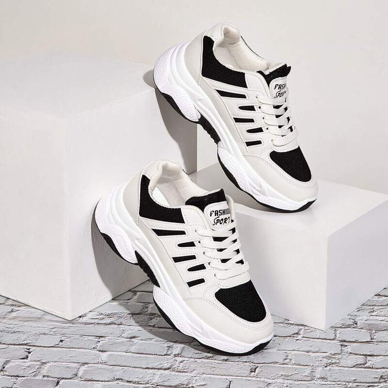 

Contrast Lace-up Front Chunky Sole Trainers, Black and white