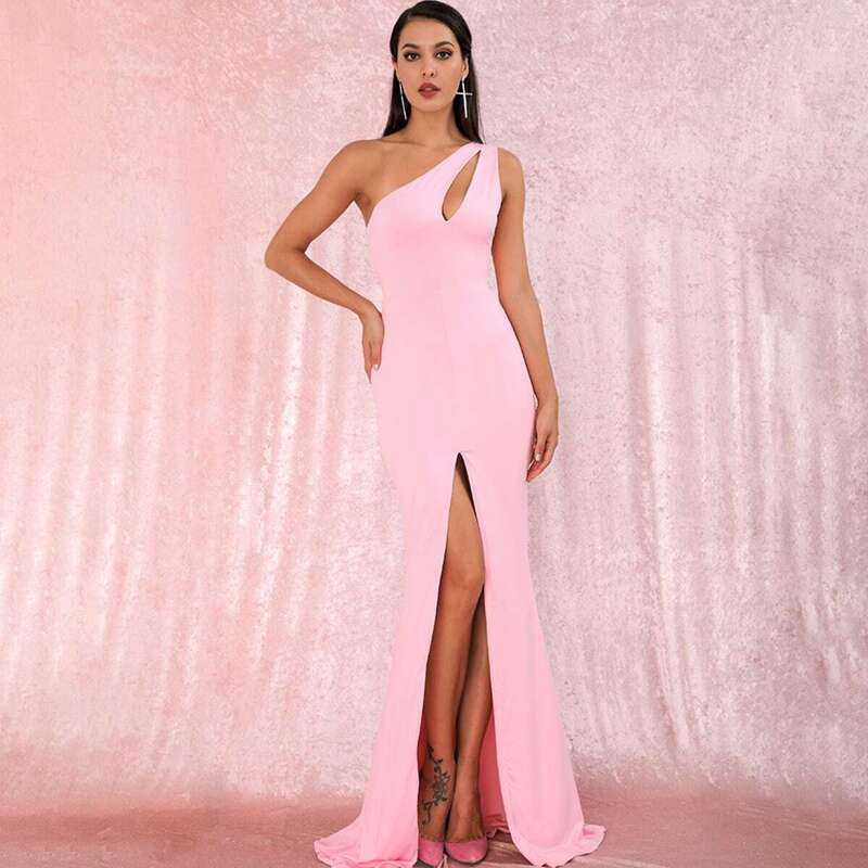

LOVE&LEMONADE One Shoulder Cut-out Split Thigh Maxi Dress, Pink pastel