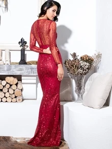 LOVE&LEMONADE Zip Back Sequin Mesh Floor Length Dress - Burgundy - View 2