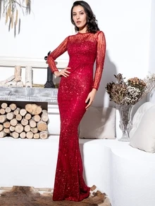 LOVE&LEMONADE Zip Back Sequin Mesh Floor Length Dress - Burgundy - View 3