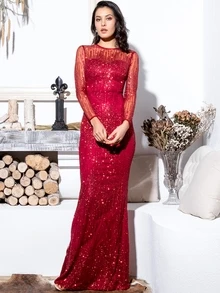 LOVE&LEMONADE Zip Back Sequin Mesh Floor Length Dress - Burgundy - View 1
