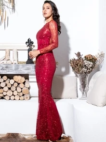 LOVE&LEMONADE Zip Back Sequin Mesh Floor Length Dress - Burgundy - View 4
