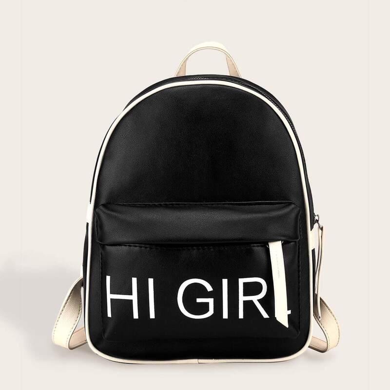 Letter Print Pocket Front Backpack, Black
