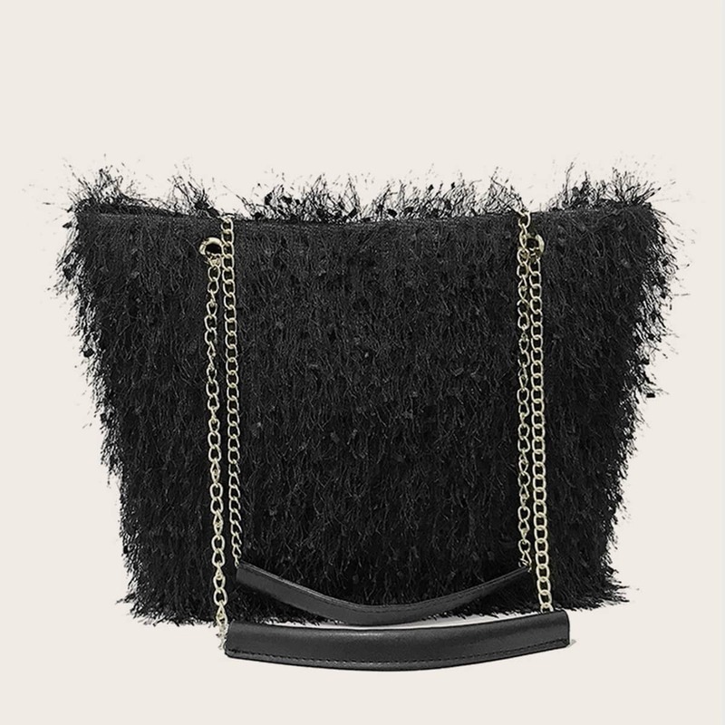 

Faux Fur Fluffy Chain Tote Bag, Black