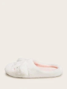 Embroidered Detail Fluffy Slippers - White - View 2