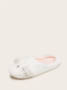 Embroidered Detail Fluffy Slippers - White - View 3