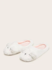 Embroidered Detail Fluffy Slippers - White - View 4