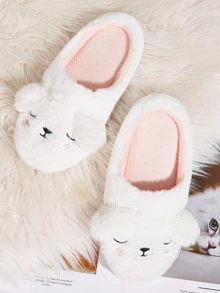 Embroidered Detail Fluffy Slippers - White - View 1