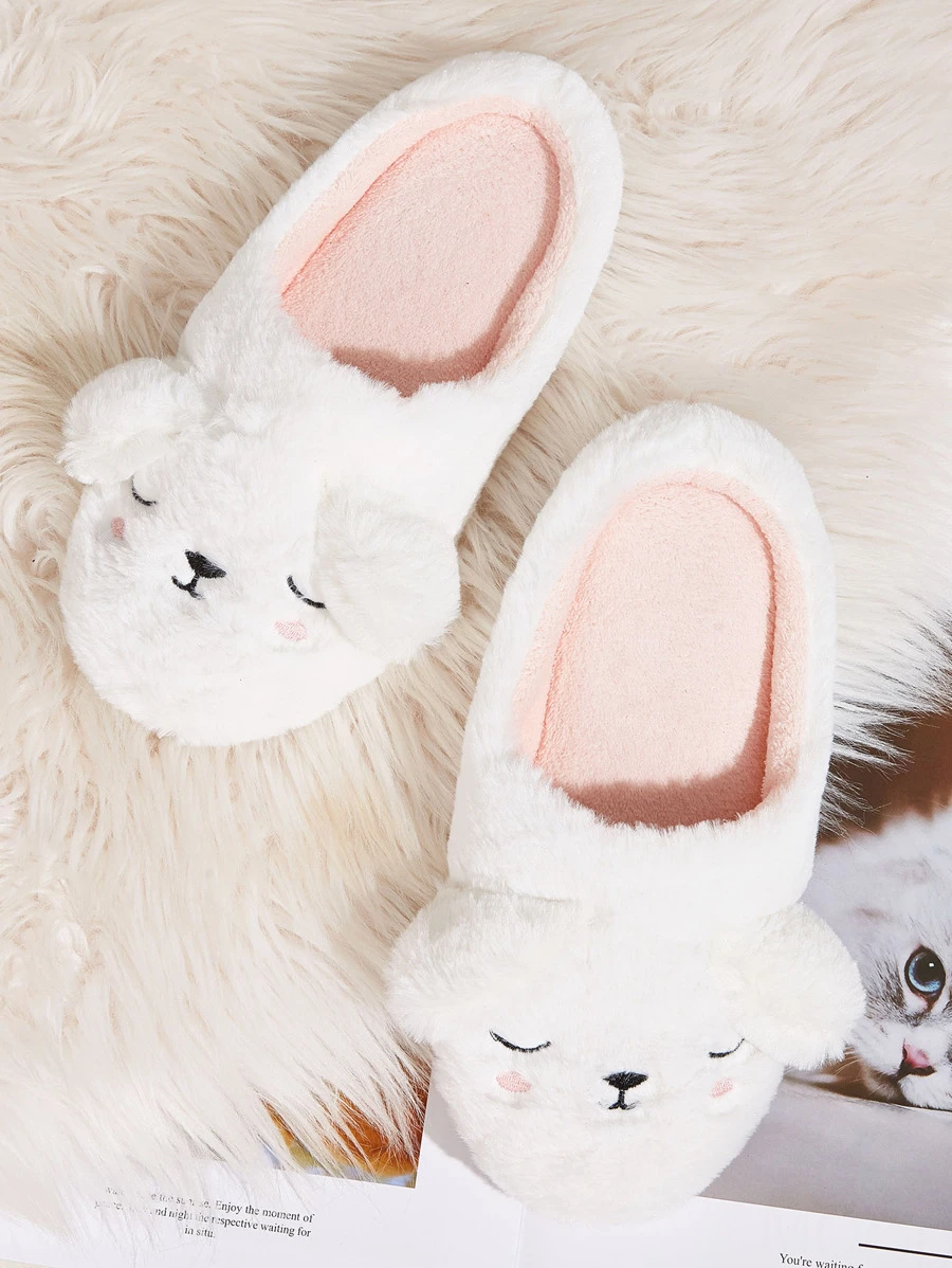 Embroidered Detail Fluffy Slippers - White - View 1