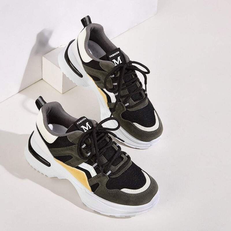 

Lace-up Front Suede Panel Chunky Sneakers, Multicolor