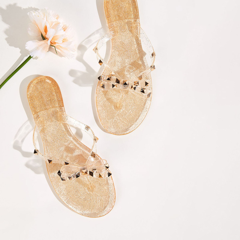 

Studded Bow Decor Toe Post Sliders, Gold