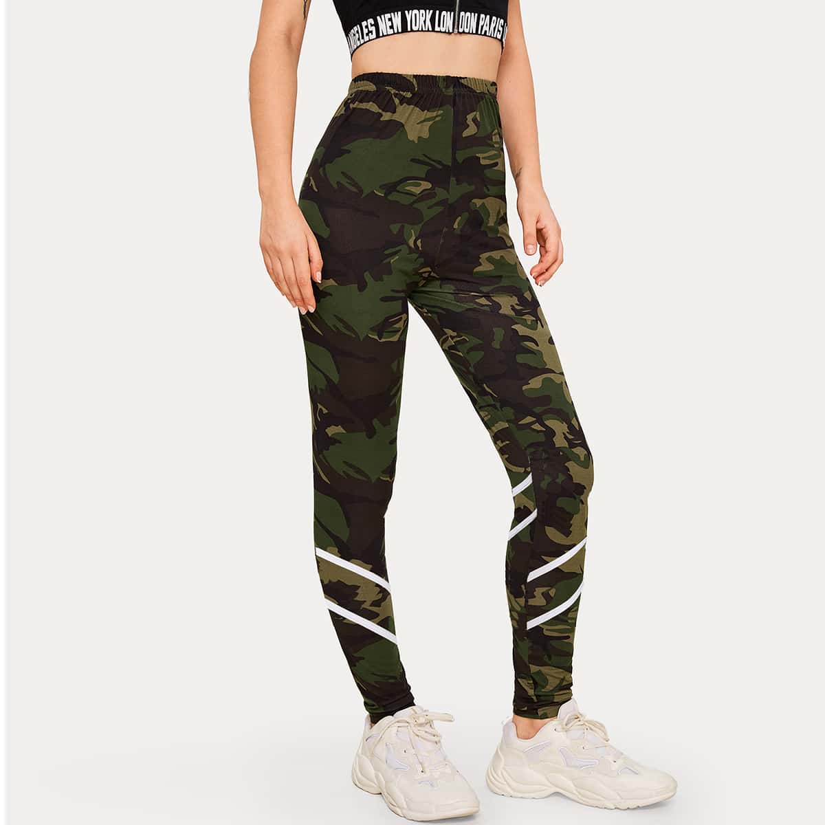 

Contrast Striped Camo Print Leggings, Multicolor