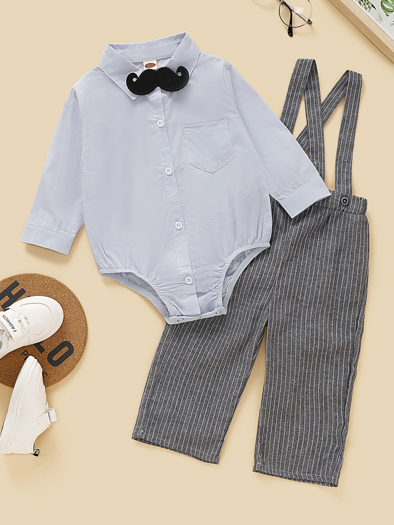 Mono De Bebe Nino Estilo Camisa Con Parche De Bigote Con Pantalones De Rayas Moda De Mujer Shein Mexico