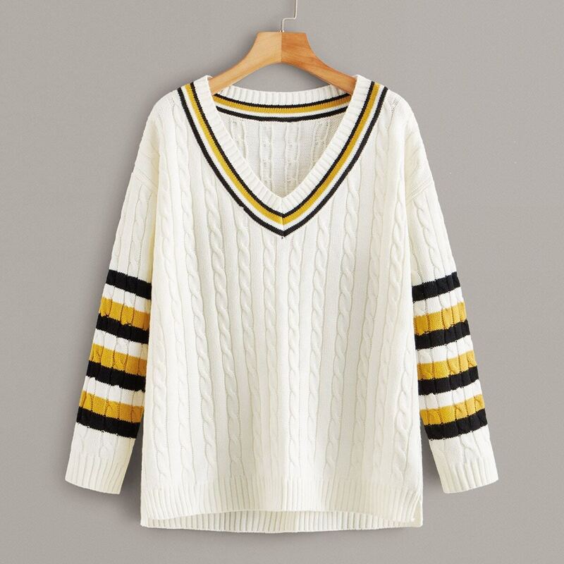 

V-neck Stripe Panel Cable Knit Jumper, White