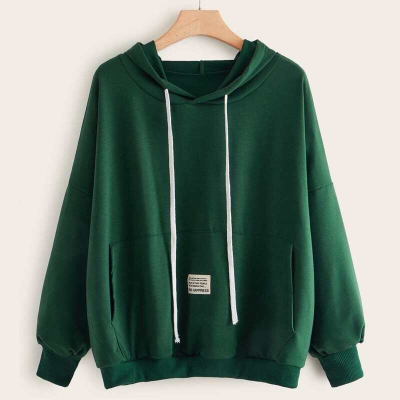 

Drop Shoulder Kangaroo Pocket Drawstring Hoodie, Green
