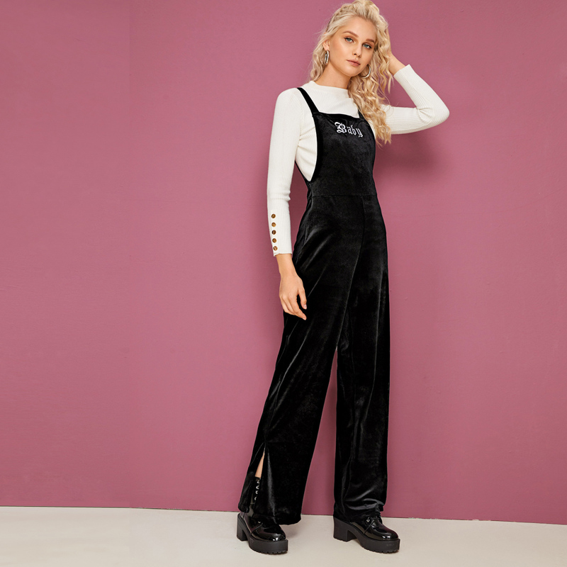 

Letter Embroidery Slit Hem Velvet Overalls, Black