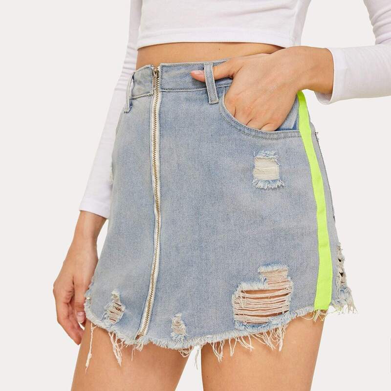 

Neon Tape Ripped Zip-up Denim Skirt, Blue