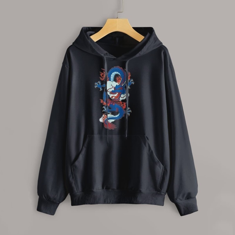 

Dragon Print Kangaroo Pocket Drawstring Hoodie, Navy
