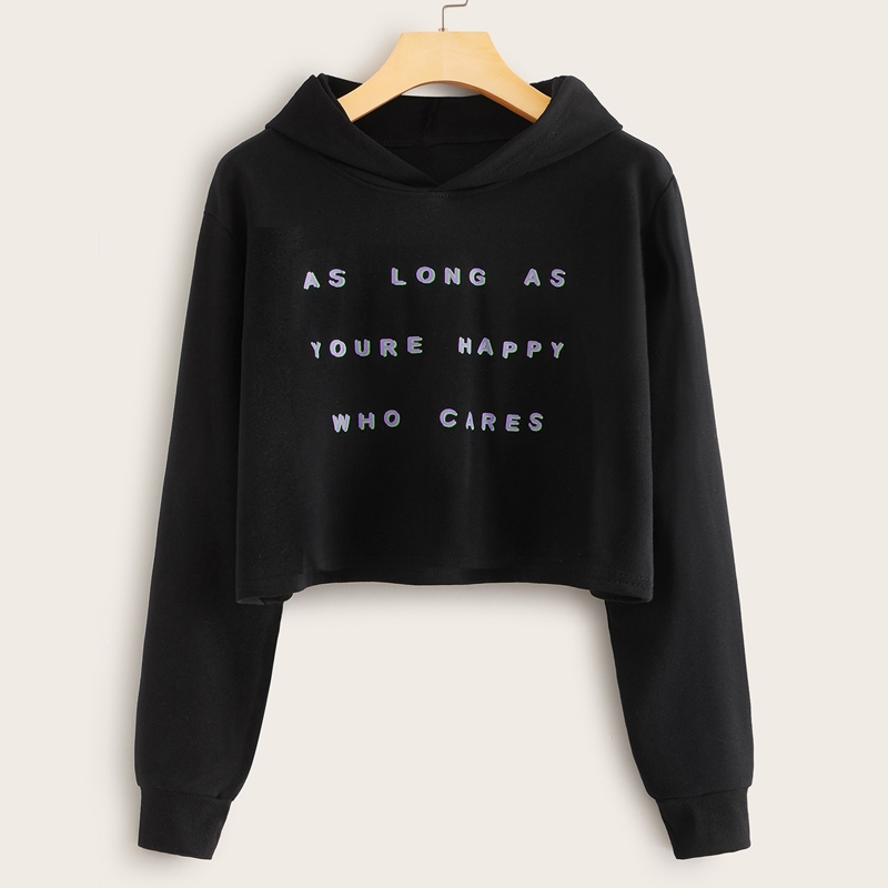 Slogan Print Crop Hooded Sweatshirt, Black
