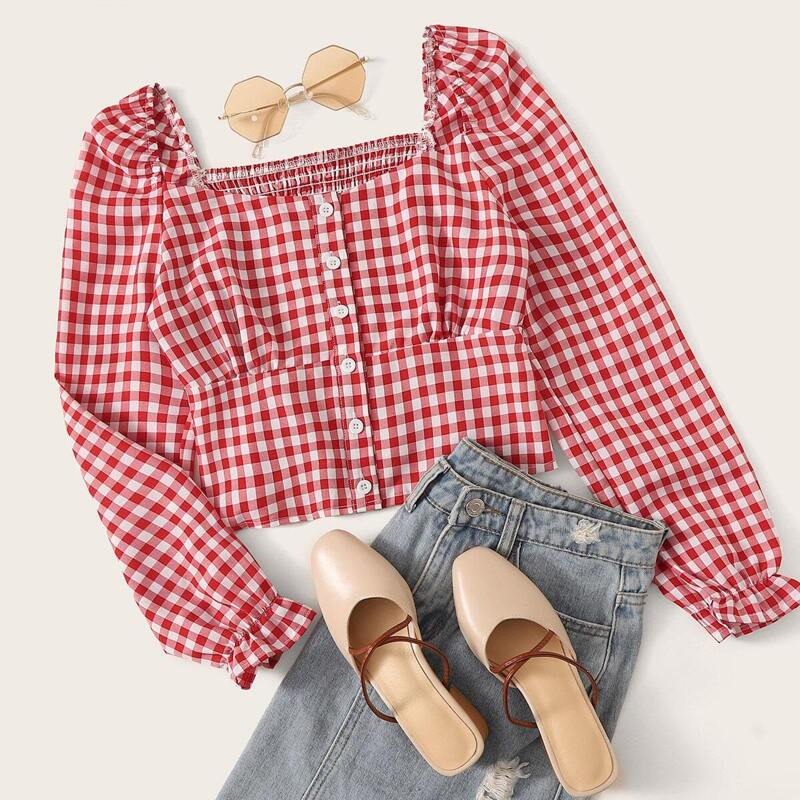 

Gingham Square Neck Shirred Crop Blouse, Red