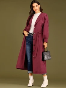 Bishop Sleeve Single Breasted Drawstring Trench Coat - Burgundy - View 1