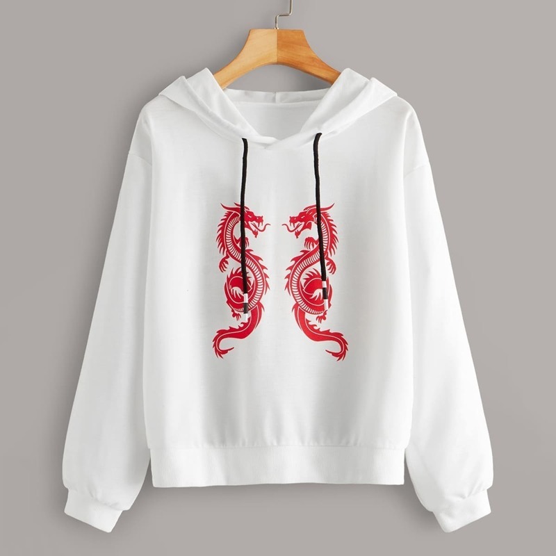 

Dragon Print Drawstring Hooded Sweatshirt, White