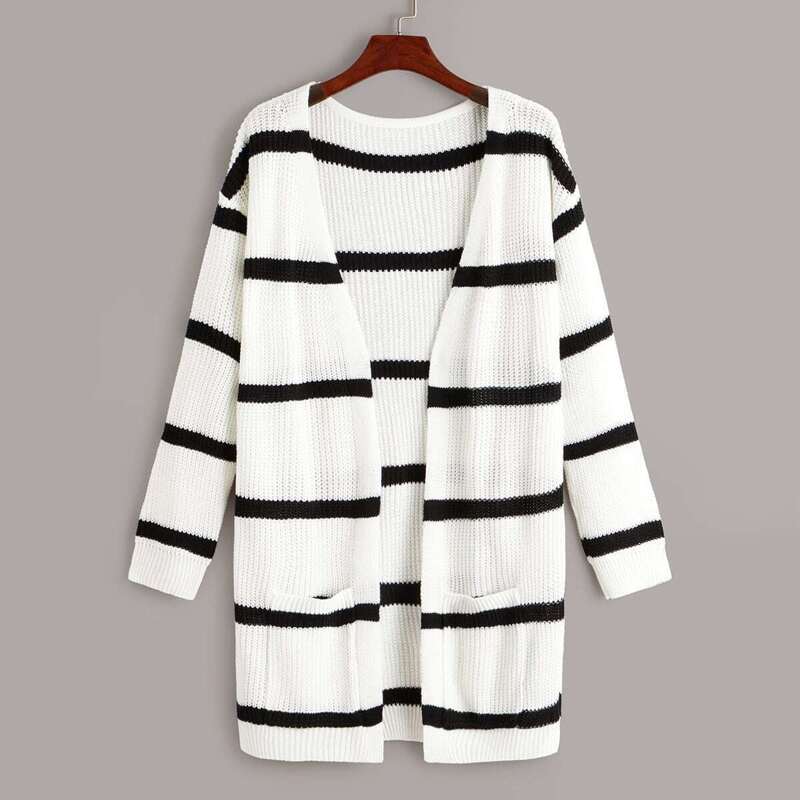 

Plus Striped Dual Pocket Drop Shoulder Cardigan, White