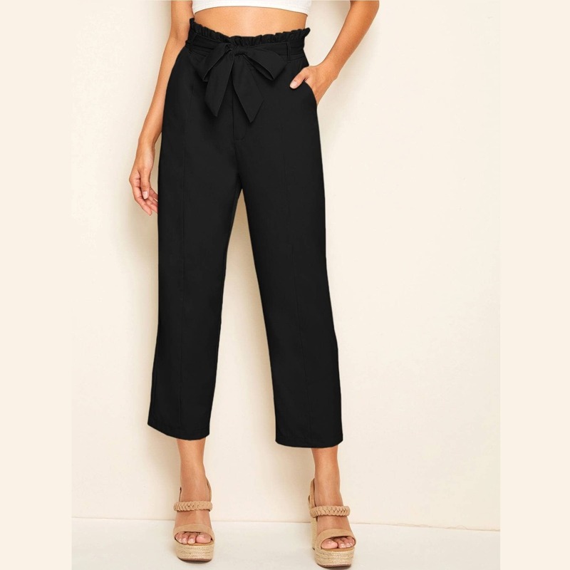 

Solid Paperbag Waist Belted Straight Pants, Black