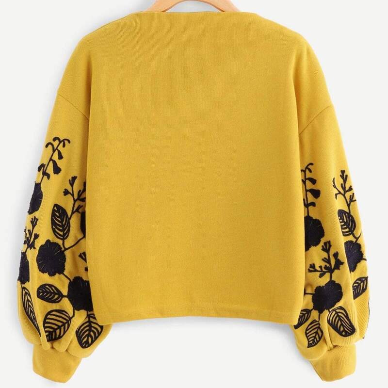 

Plus Flower Embroidered Lantern Sleeve Sweater, Mustard yellow