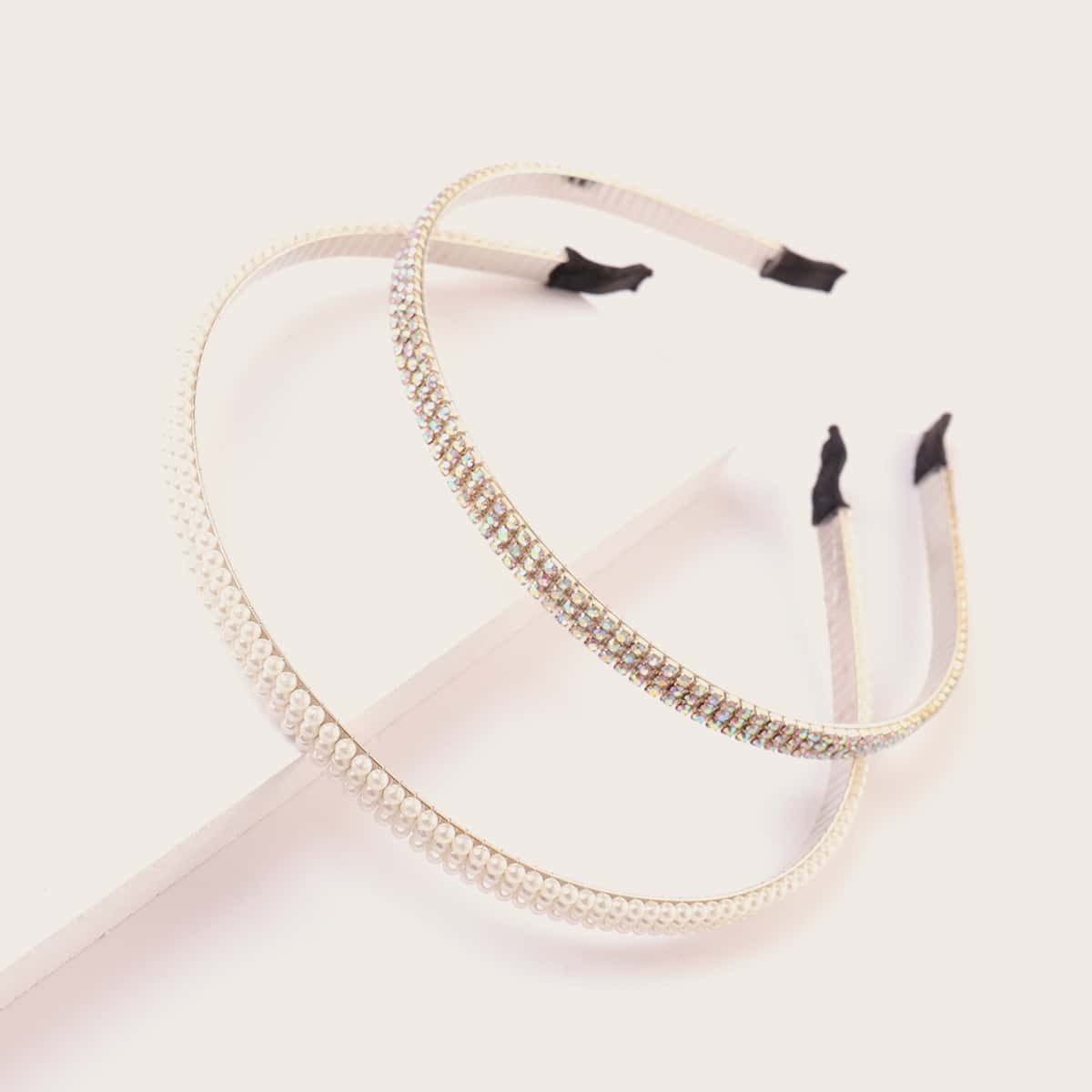 

Faux Pearl & Rhinestone Decor Headband 2pcs, White