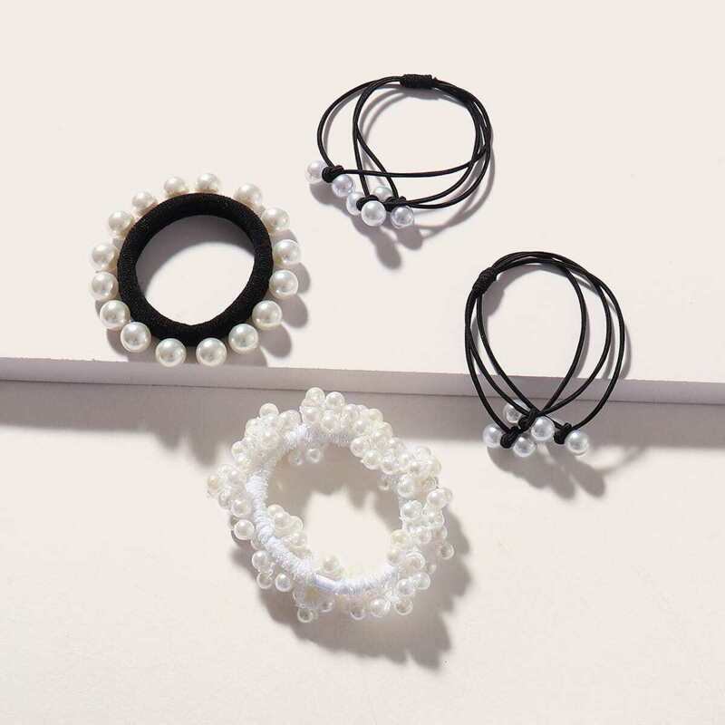 

Faux Pearl Decor Hair Tie 4pcs, Black and white