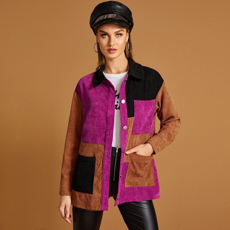 

Pocket Front Cut-and-sew Cord Coat, Multicolor